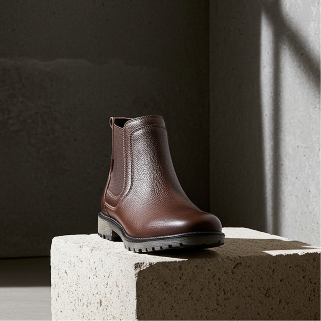 Brown leather boot on a stone block with a dark background